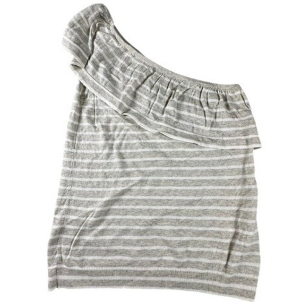 J.Crew Top Women XS  One Shoulder Ruffle Stripe Grey White Cotton